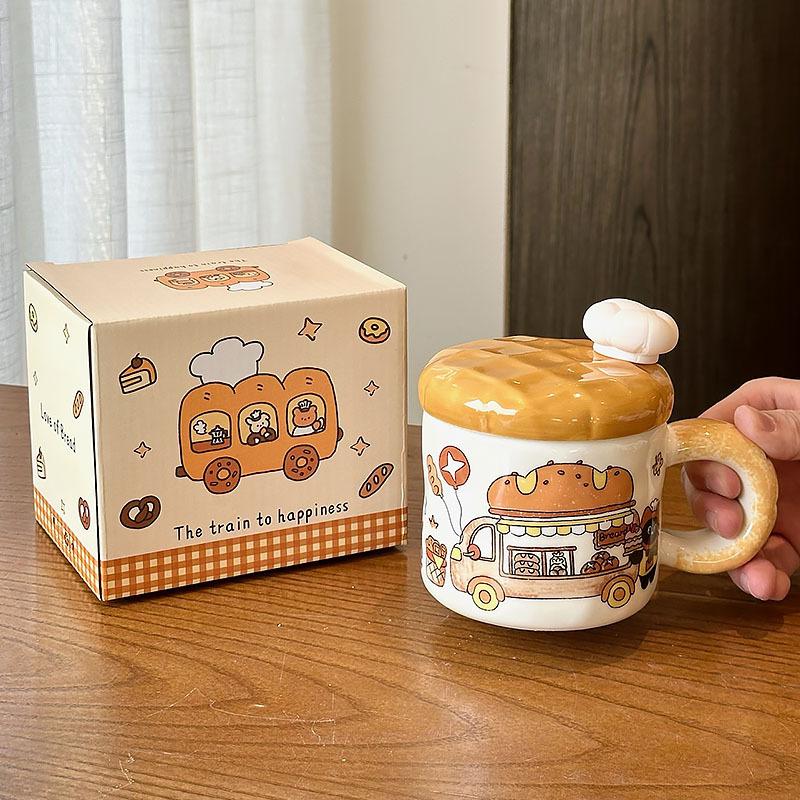 Creative Bread Cat Ceramic Mug, High Beauty Coffee Mugs with Lid, Home Drinking Tea Cup, Christmas Birthday Gift Kawaii Cup