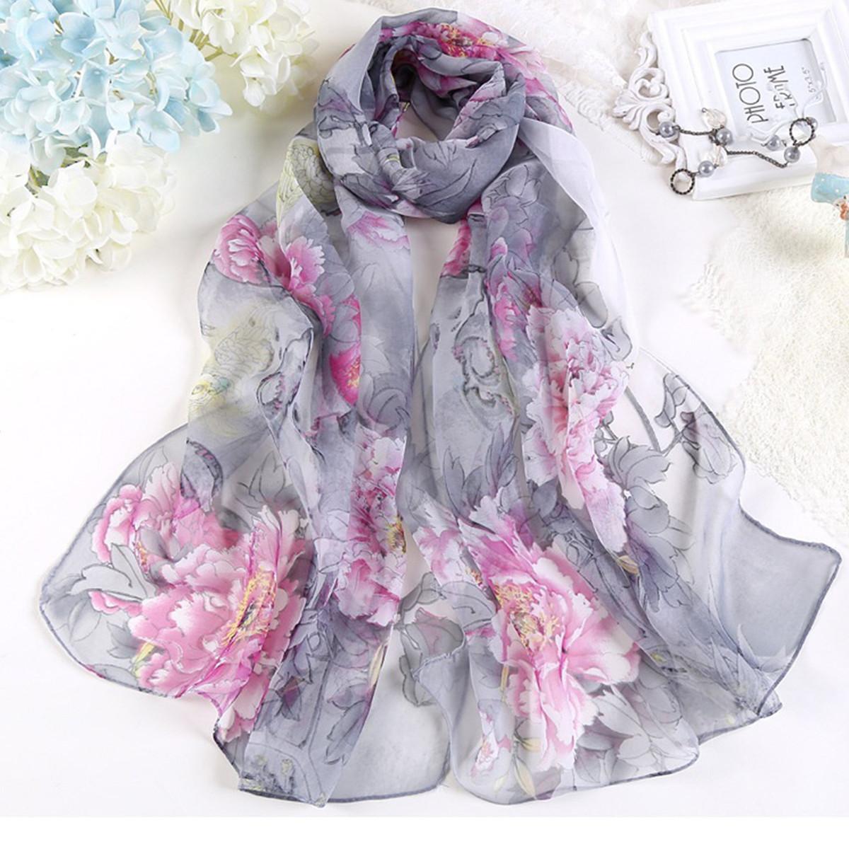

Four Seasons Thin Soft Chiffon Women Peony Flower Printing Beach Silky Georgette Scarf Shawls Long Wraps Beach Sunscreen Hijab One Size