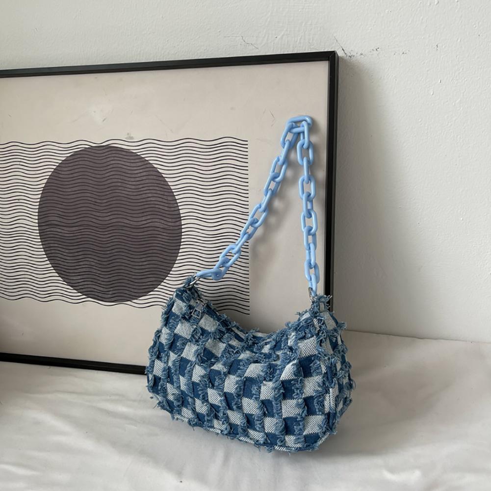 Women Grid Chain Handbag Large Capacity Vintage Denim Shoulder Bag Retro Classic Purse Trendy Bag for Daily Office Use Sling Bag