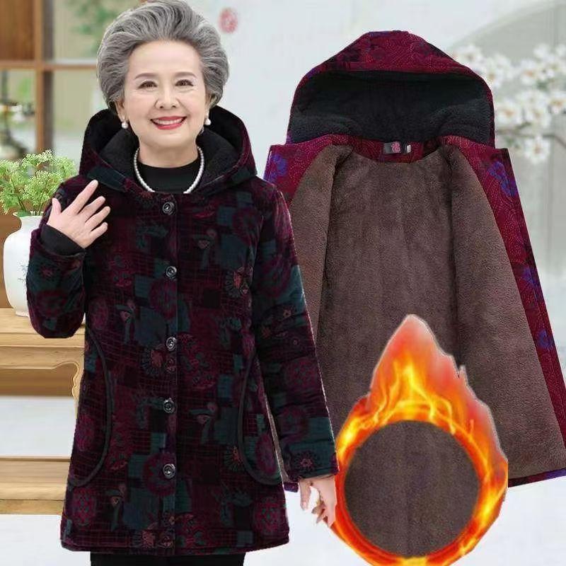 Babiččiny šaty, Středně dlouhé plus sametové silné vatované oblečení, Oblečení pro střední a starší věk, Zimní vatované oblečení
