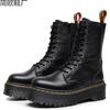 Plattform-Lokomotivstiefel mit Litschi-Muster, Damenseitenreißverschluss, Britische Langstiefel, Muffin-Serie