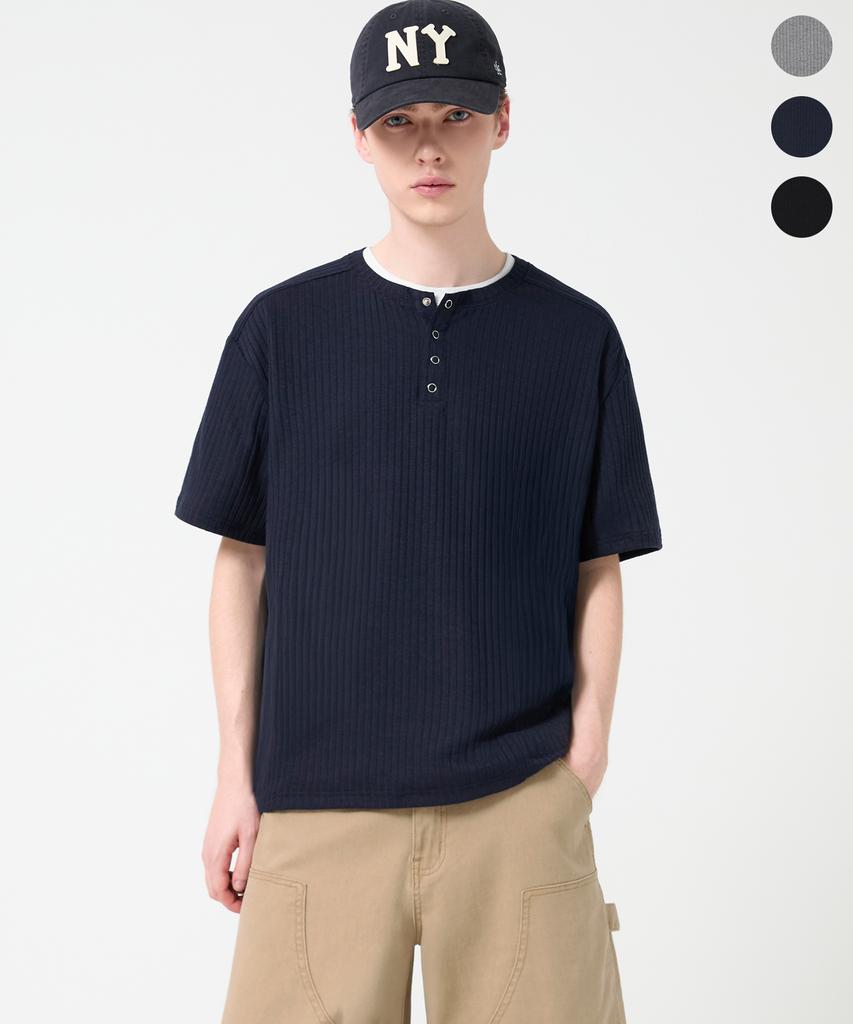 TRILLION Ribbed Ring Snap Henley Neck Short Sleeve T-Shirt_3Color