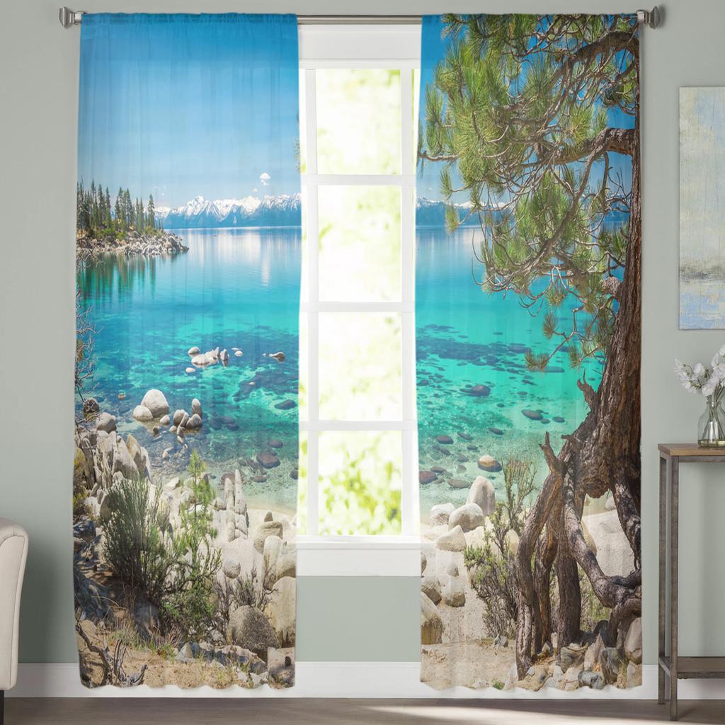 Beach Sea Water Trees Landscape Tulle Curtains For Living Room Decoration Modern Chiffon Sheer Voile Kitchen Curtain