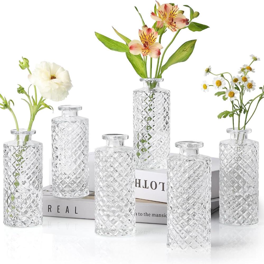 6pcs Coloful Vintage Vase Glass Relief Vase Hydroponic Flower Glass Vase Home Table Flower Decor Wedding Party Decorations