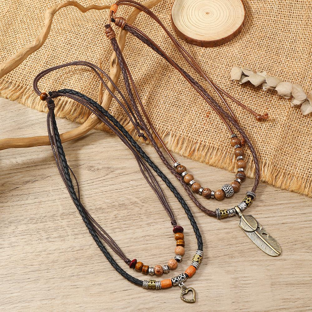 Retro Feather Love Pendant Chicken Wing Wood Pullable Leather Necklace