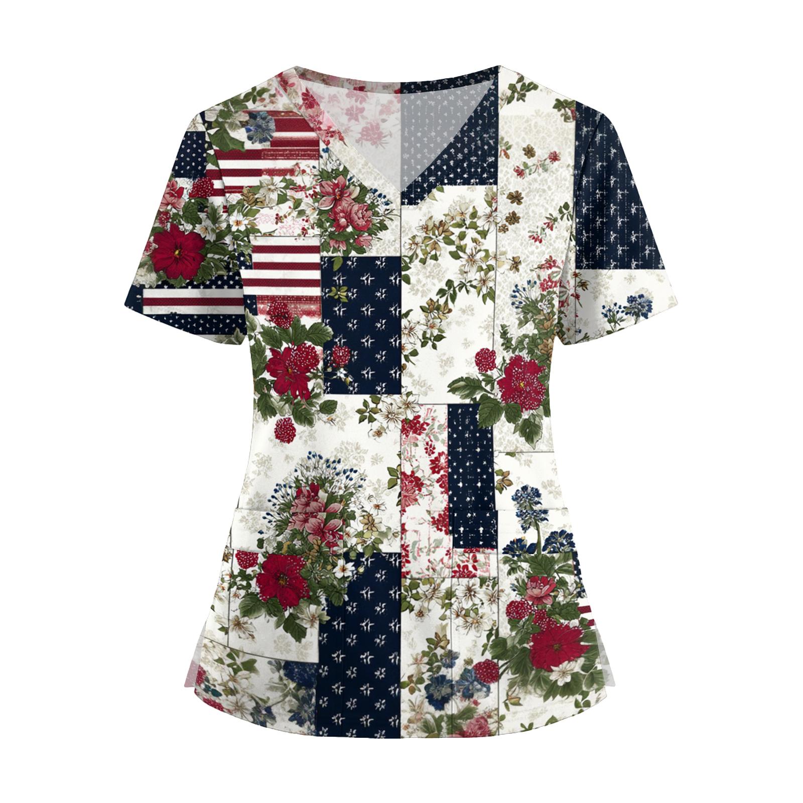 

Women s Fashion V-Neck Short Sleeve Overalls With Pockets Print Tops Clothes XL білий