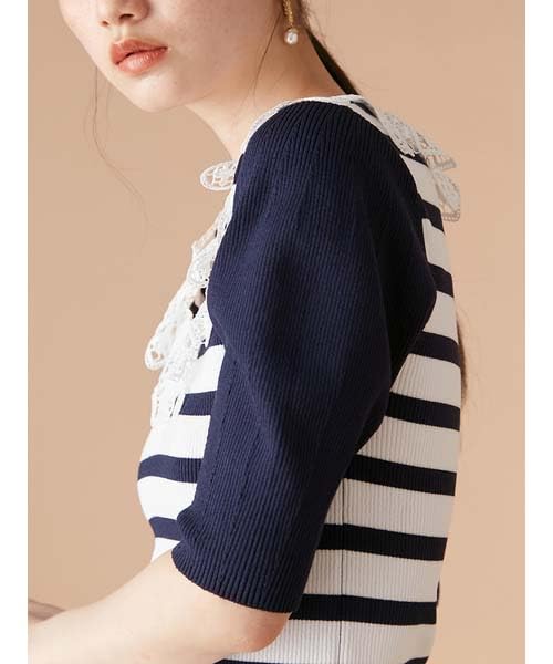 Lily Brown Border Knit Top LWNT252021 Women's Lace-Collar