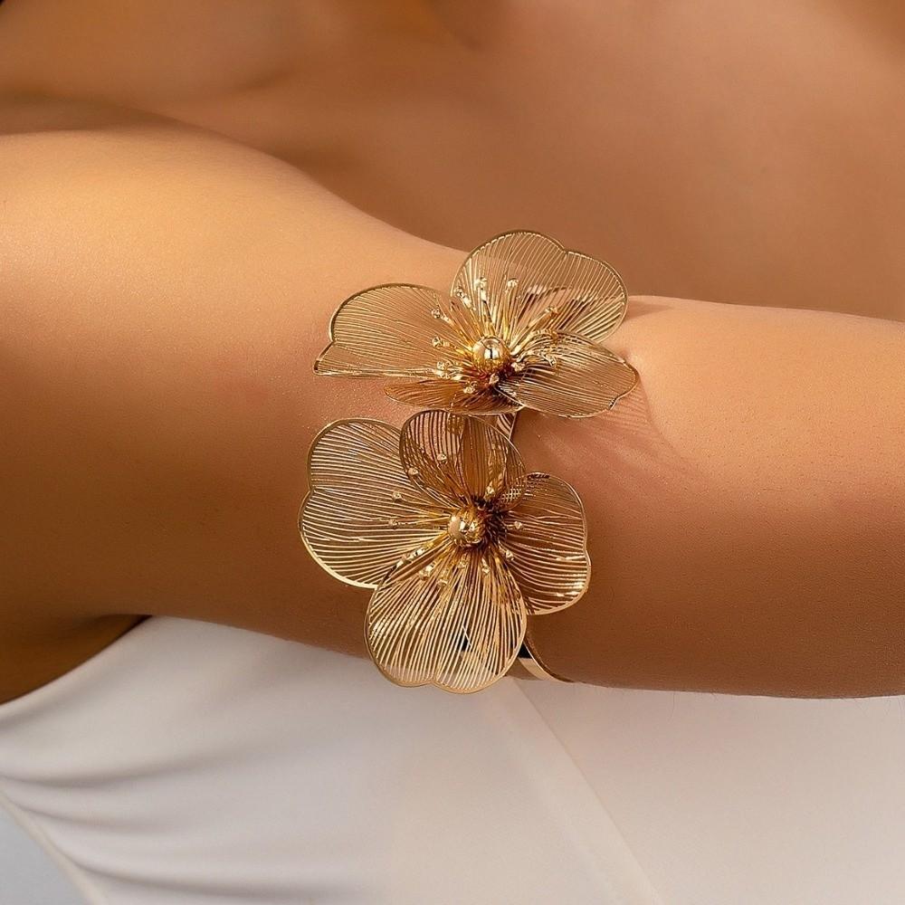 Vintage Metal Brushed Bangle Elegant Open Floral Arm Cuff Bohemian Hollowed Flower Bracelet Women
