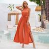 Damen Sommer Casual Einfarbig Ärmellos Neckholder Jumpsuit Lose Hohe Taille Gürtel Weite Beinhose Jumpsuits