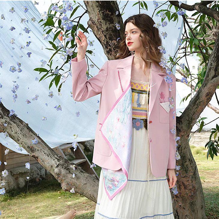 Purple Autumn Blazer Vintage Loose Fit Casual Suit Jacket with Pockets Floral Elegance