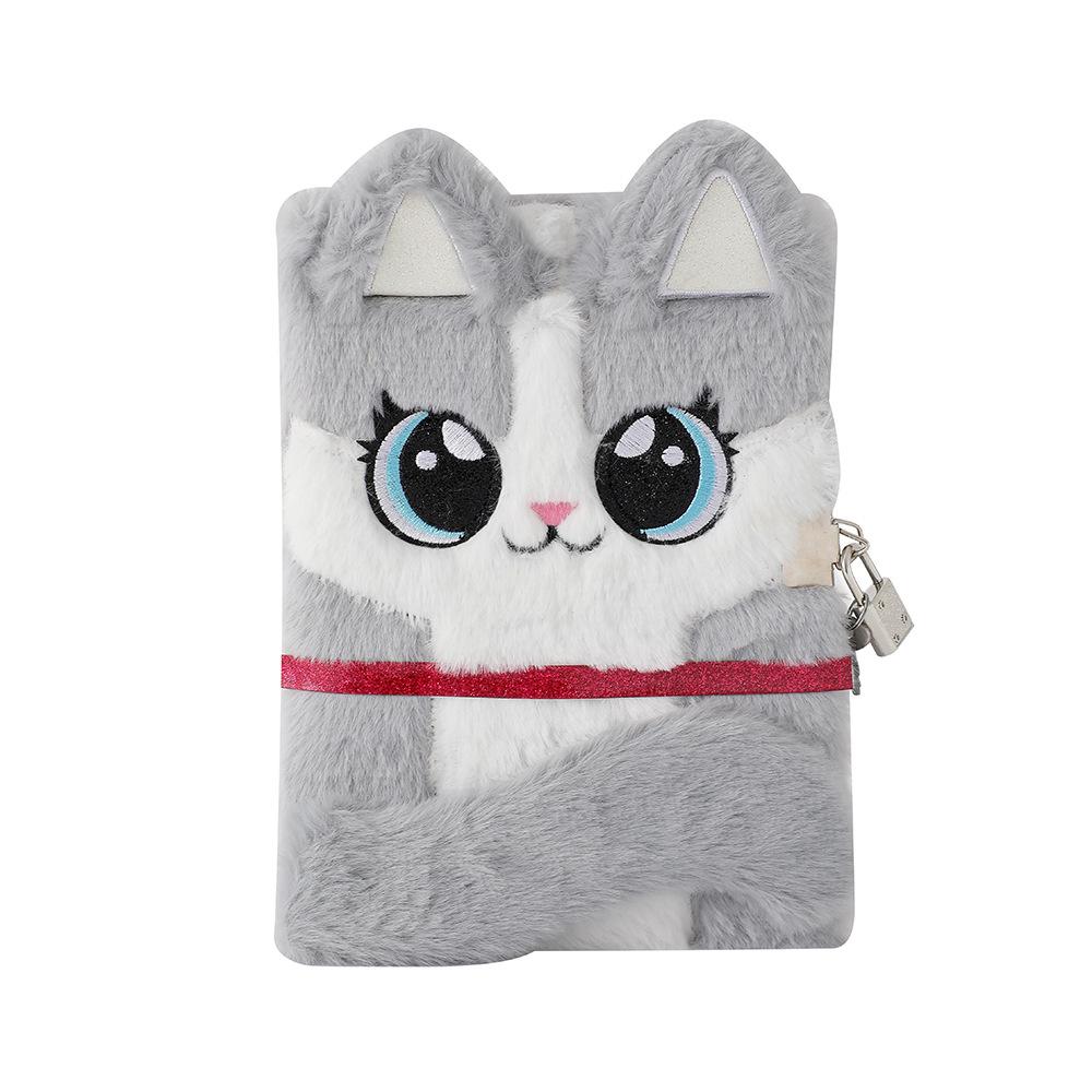 Cute Cat Plush Notebook with Lock 4 Colors Soft Furry Journal Diary, Secret Password Book for Girls Kids School Stationery Gifts