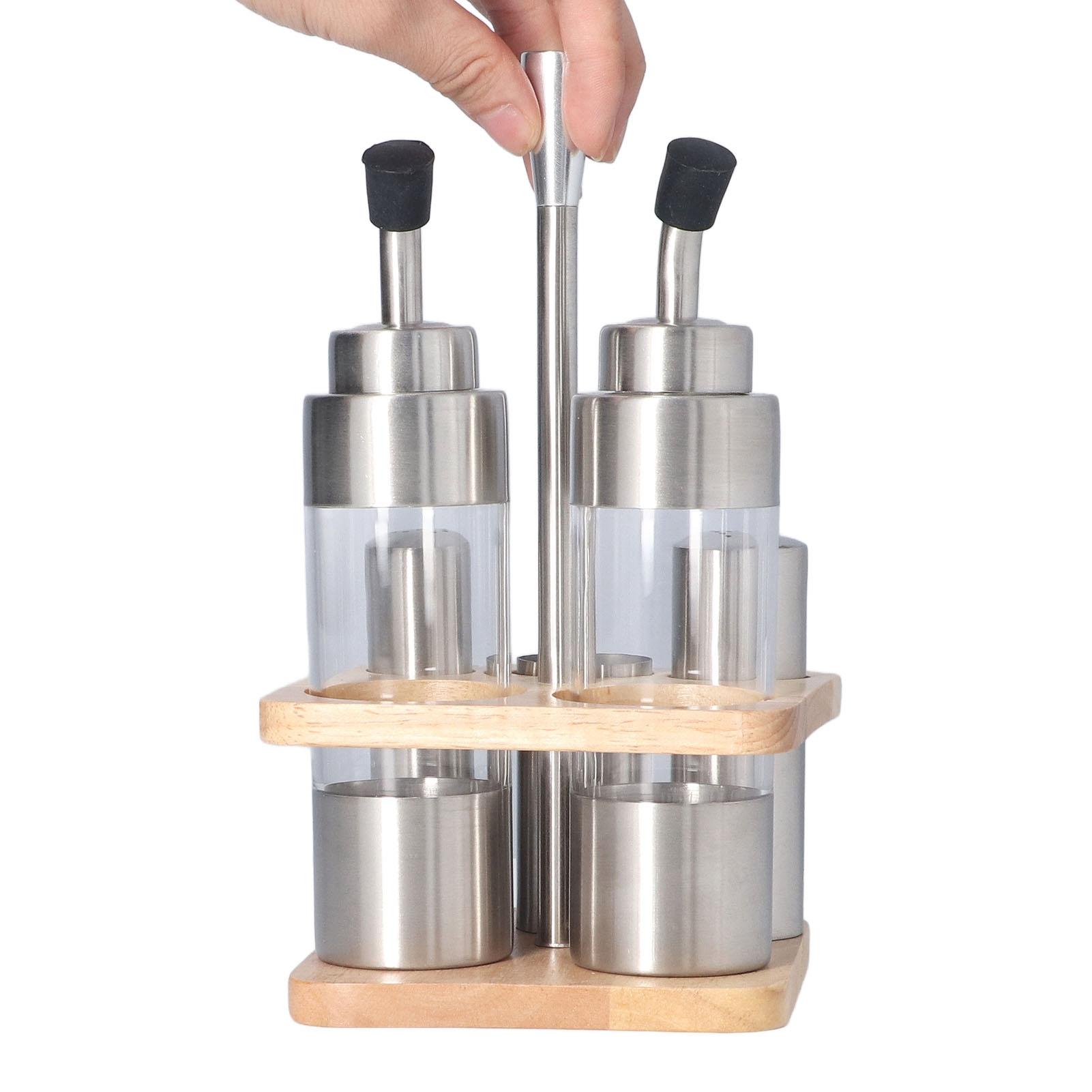 

Seasoning Bottle Set with Wooden Rack 304 Stainless Steel Kitchen Table Seasoning Bottle Holder for Oil Salt Soy Sauce L