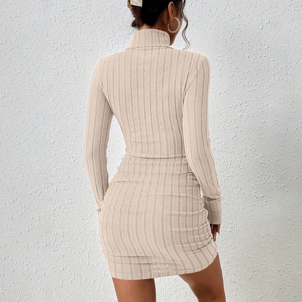 2024 Women Clothing New Solid Dresses Mini Dress Club Elegant Party Dresses Black Solid Turtleneck Long Sleeves SheathDress