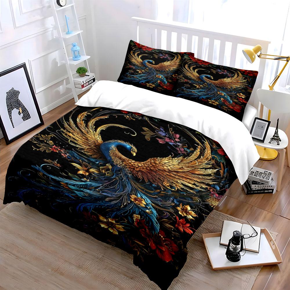 Golden phoenix with flowers. Bedding sets Duvet cover sets Duvet covers Pillowcases(1 * Duvet Cover 2 * Pillowcases without duvet insert)