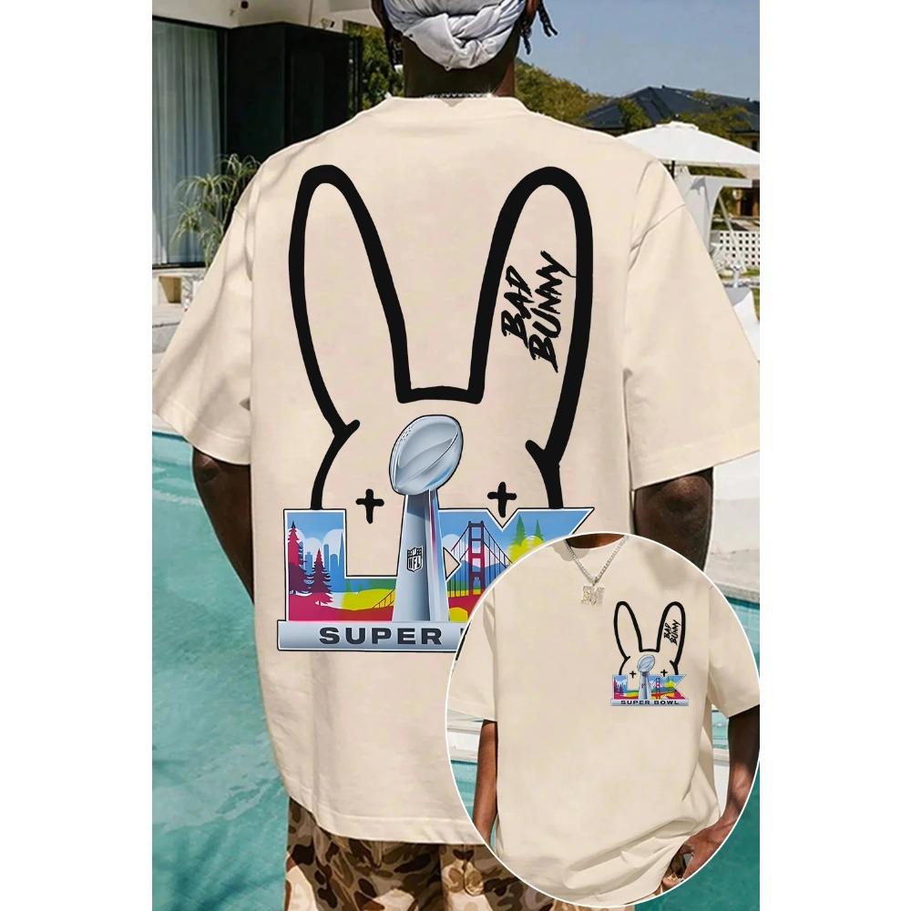 Bad Bunny x Super Bowl LIX San Francisco Oboustranné Oversized Tričko, Unisex Streetwear Tričko pro Fanoušky Latinské Hudby & NFL, 100% Bavlna, Ležérní Krátký Rukáv