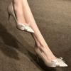 Autumn Niche Nude High Heels Women's Thin Heels Pointed Satin Temperament Gentle Bow Single Shoes