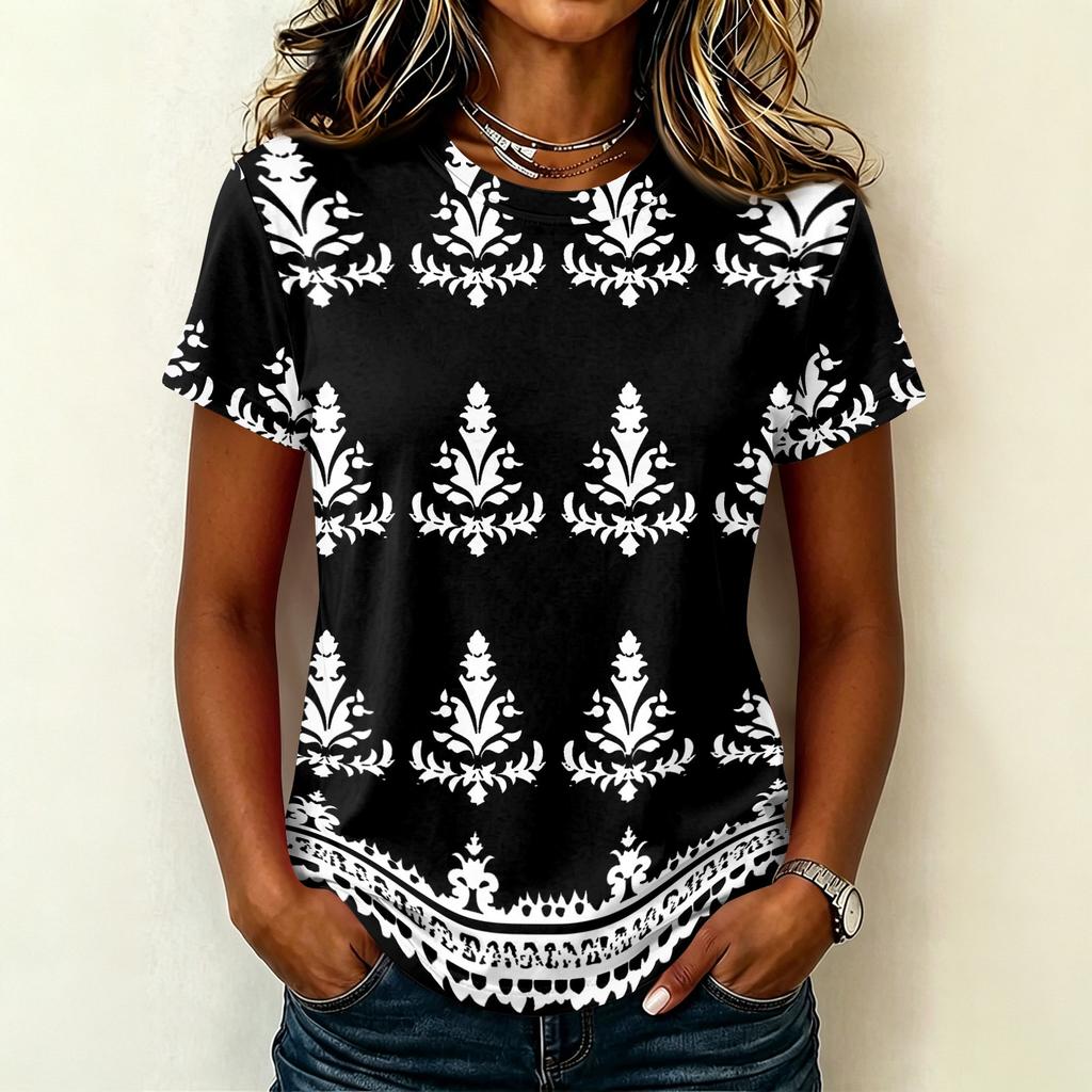 Women's Casual Pullover T-Shirt Short Sleeve Crew Neck Geometric Print Top Lightweight Comfortable Fit for Everyday Wear