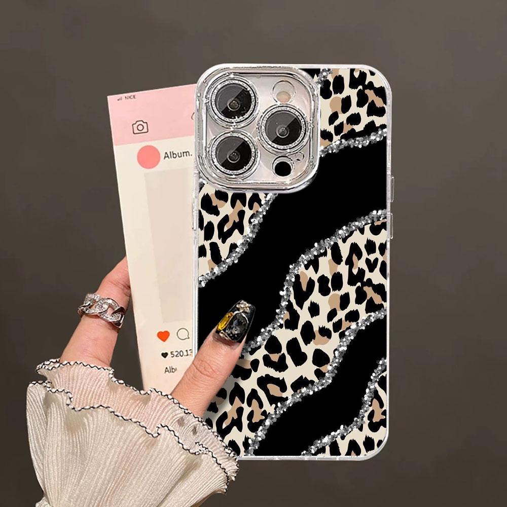 Glitter Leopard Print Printed Glacier Texture Case For iPhone 17 Air 16 15 14 13 12 11 Pro Max 8 Plus Glass Lens Protector Cover