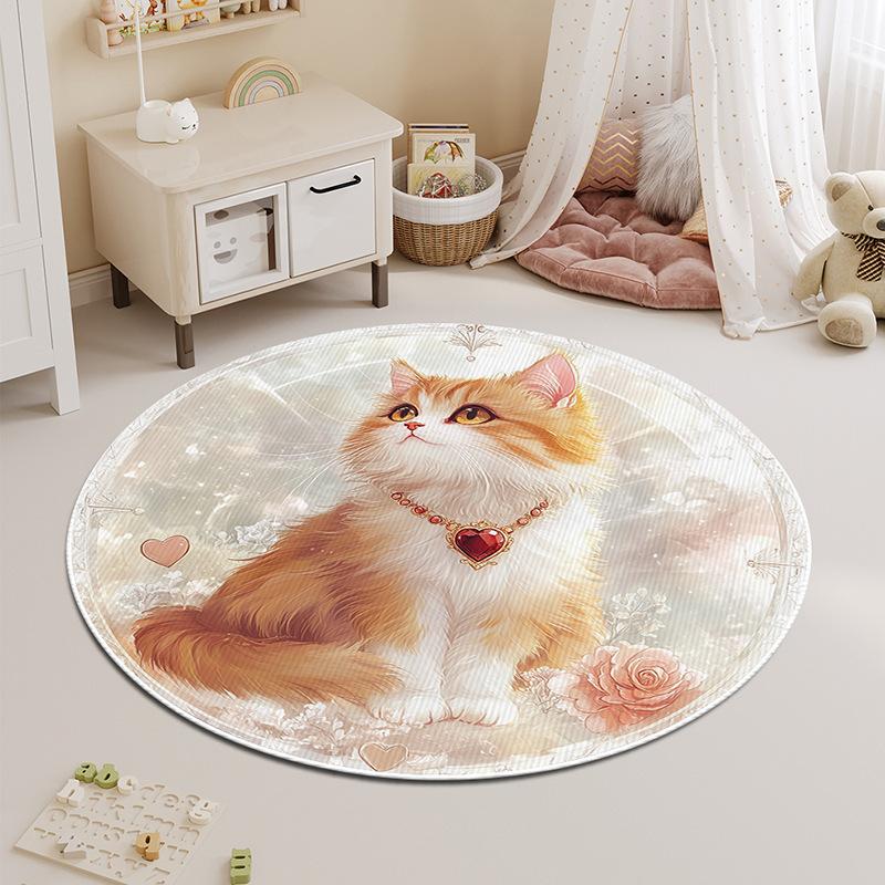 Round Carpet Bedroom Stain-resistant Cartoon Cat Bedside Children's Rug Floor Mat Living Room Washable Thickened Coffee Table Mat