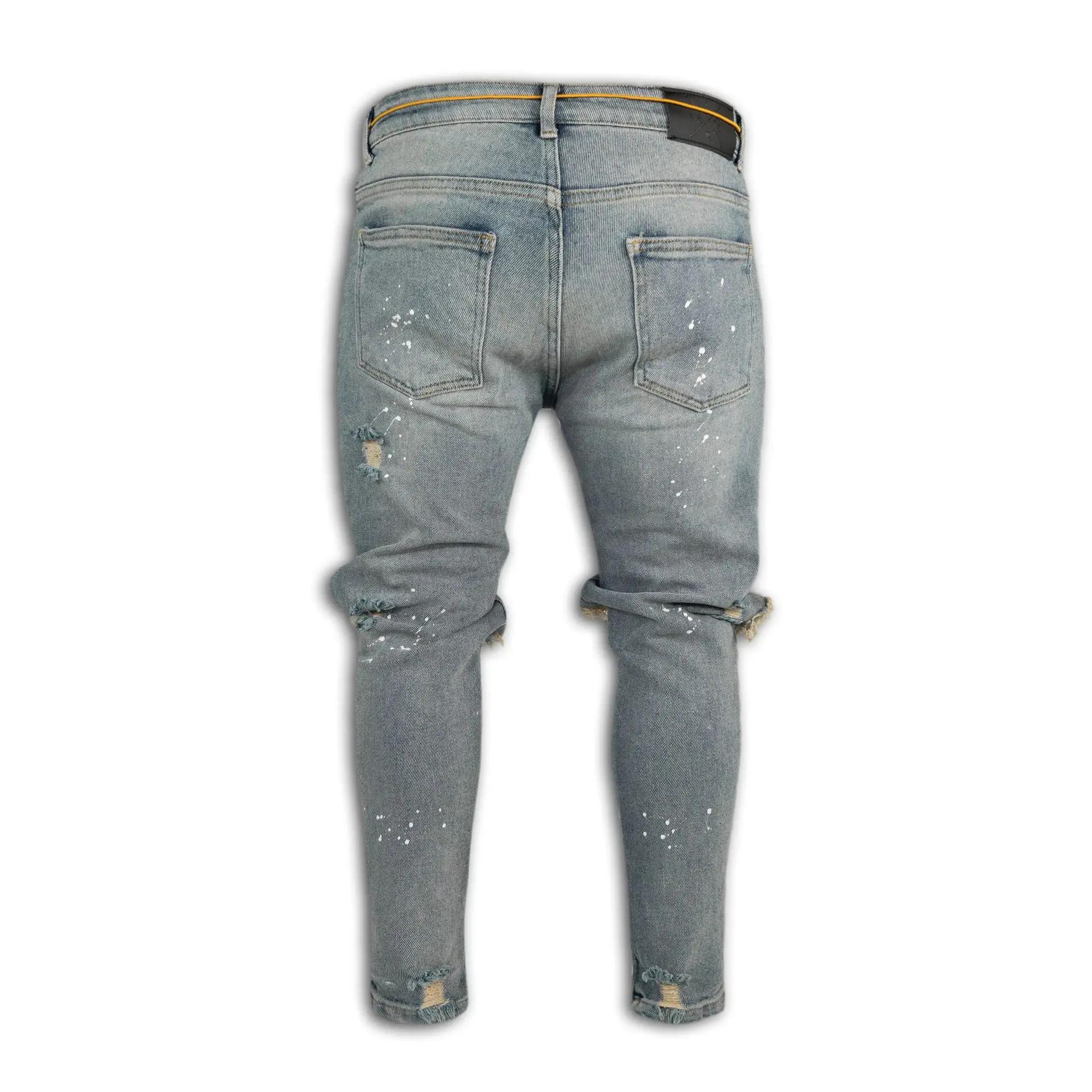 

DRIPX Men Long Jeans Pants Denim Pencil Pant Hole Splice Simple Slim Fit Zipper Lace Up Tight Waist Straight Trousers Autumn S синий