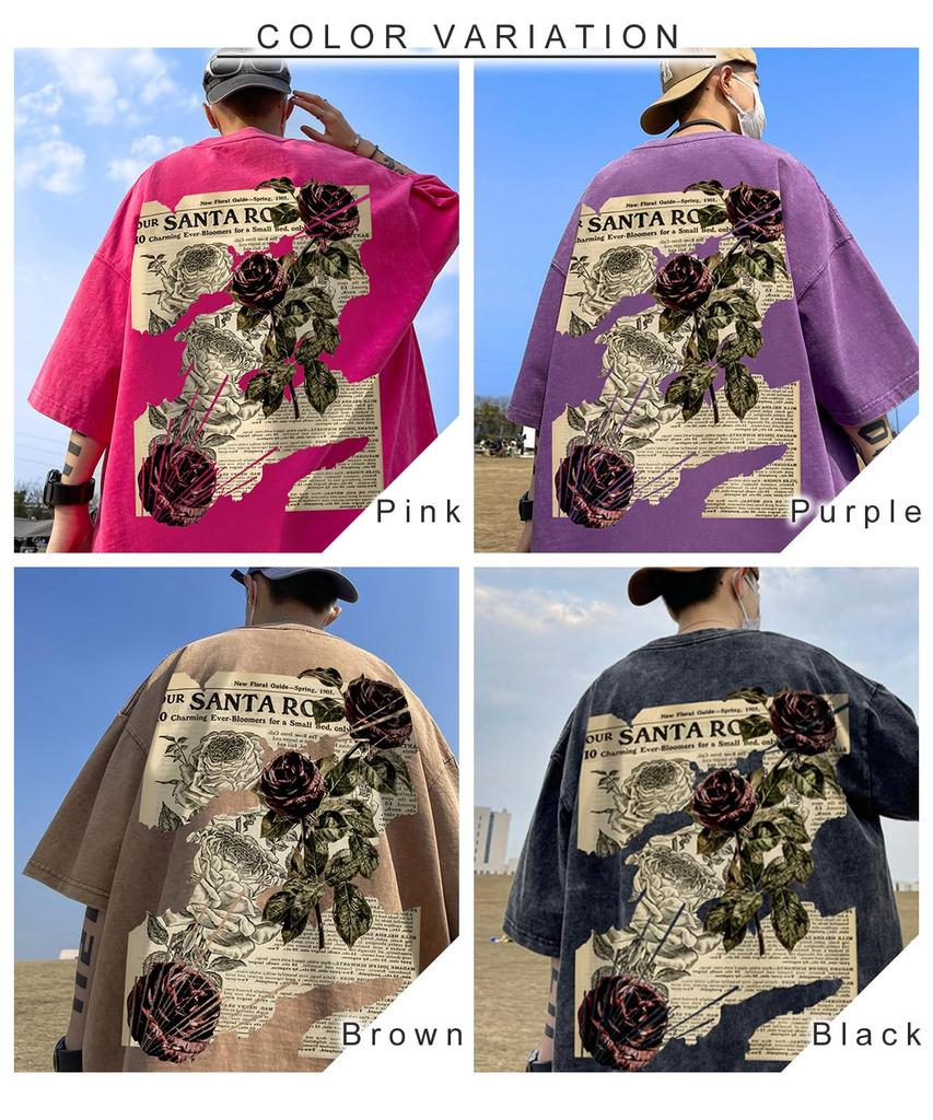 [J.STORE] Men's Oversized Short Sleeve Summer T-Shirt with Illustrated Print, Loose Fit, Street Style, Casual Wear, Purple, Size 5S-J08-PU2XL