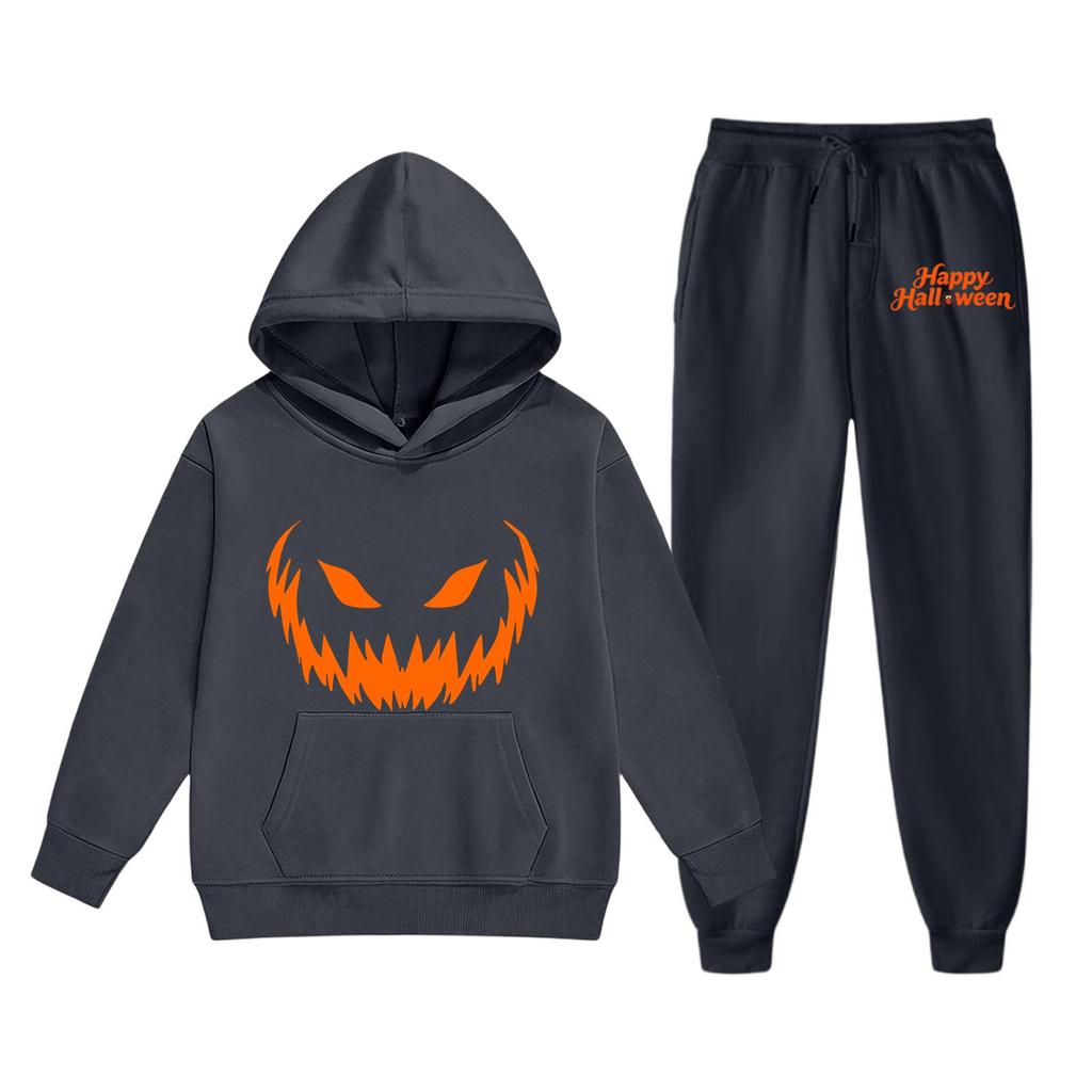 Kids Halloween Hoodie Set with Pumpkin Face Print Long Sleeve Pullover Top and Matching Pants Comfortable Fit for Boys and Girls
