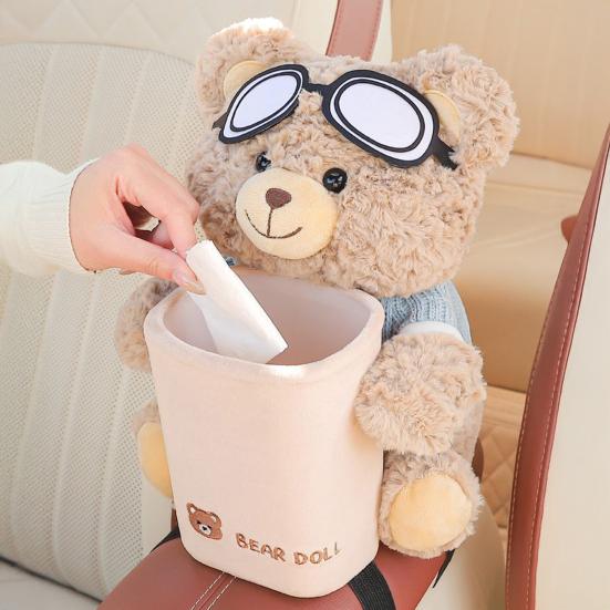 Car Trash Can with Tissue Box Cute Bear Design Plush Doll Waterproof Inner Bucket Car Armrest Organizer Fits Most Center Consoles
