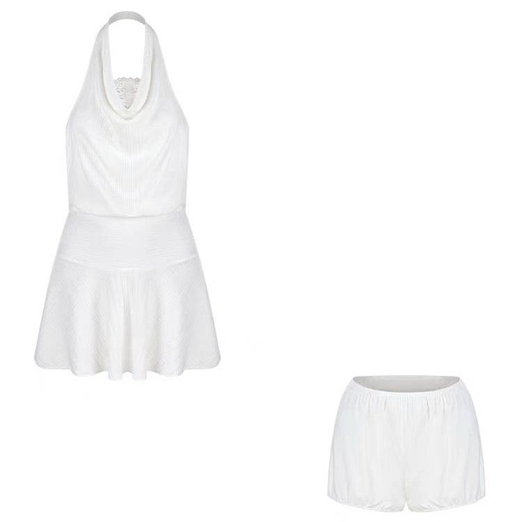 Pure Desire Spice Girl Swinging Neck Dress Women's Summer New Lace Splicing Backless Pleated A-word Short Skirt