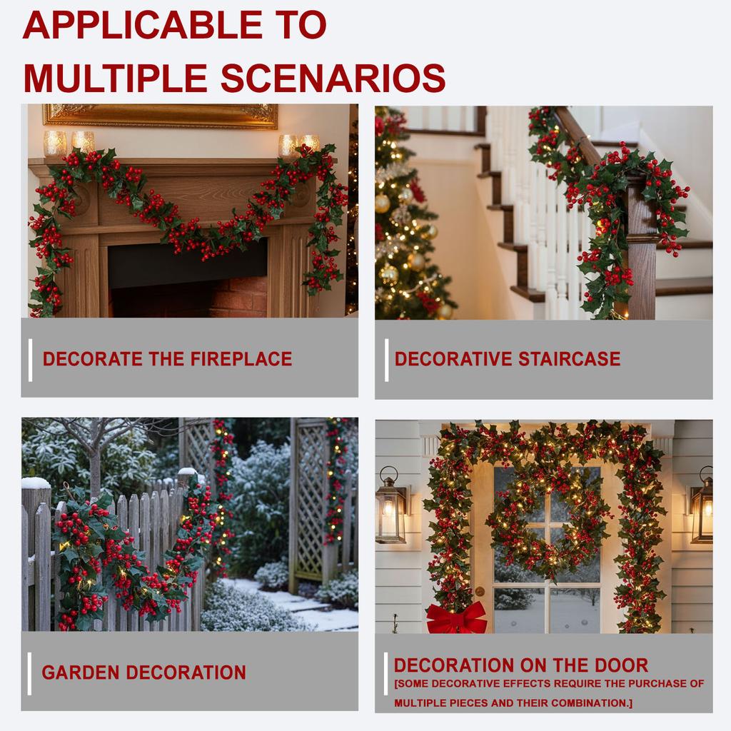 Red Berry Christmas Garland, 175cm Flexible Artificial LED Wreath for Indoor Outdoor Fireplace Stairs Table Winter Holiday Decor