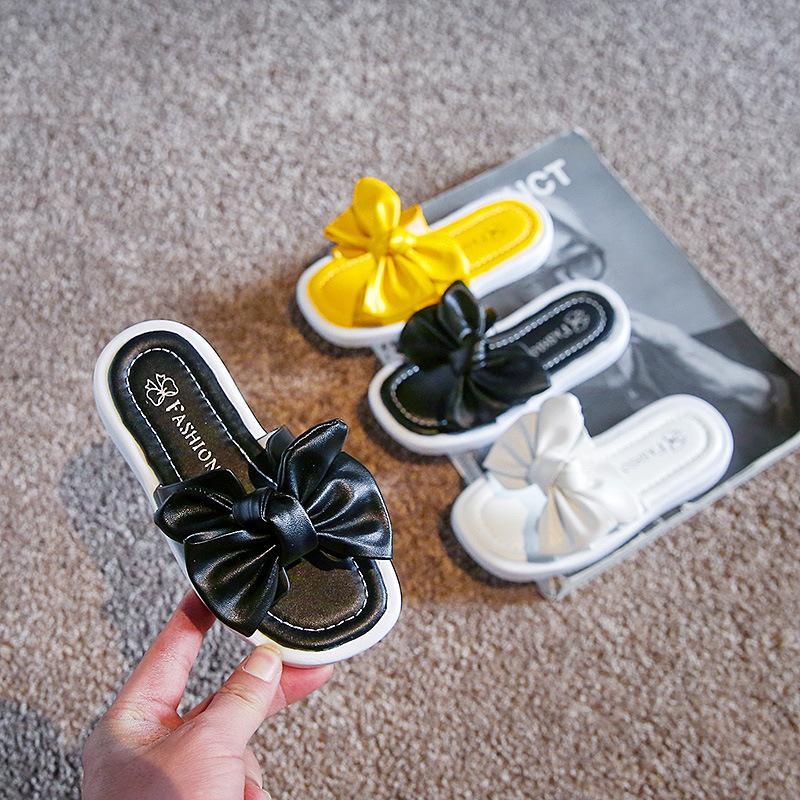 Solid Black Kids Fashion Bow Princess Shoes 2024 Summer New Britain Style Children Flat Open-toe Casual Girls PU Thick Bottom