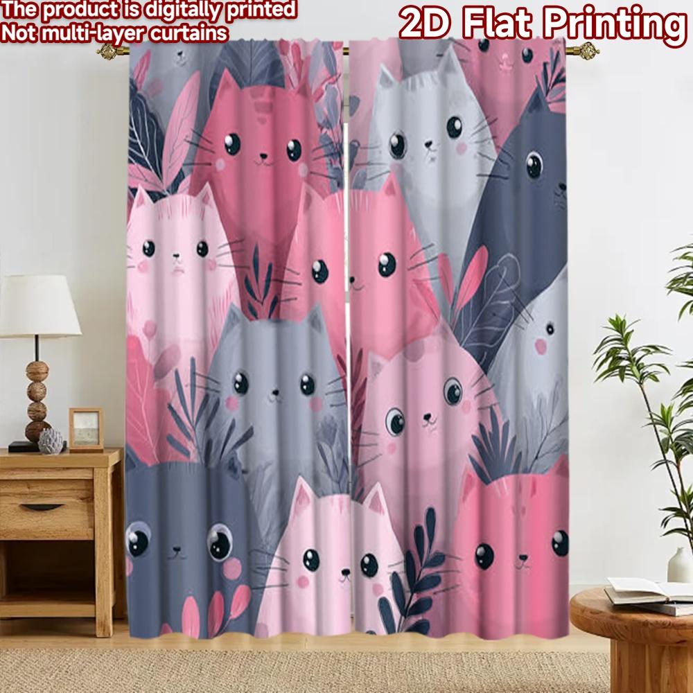 2D flat printing 2pcs Curtain Scene Curtains Cute Pink Cats Digital Printed Polyester Drapes Family Party Decoration Use for