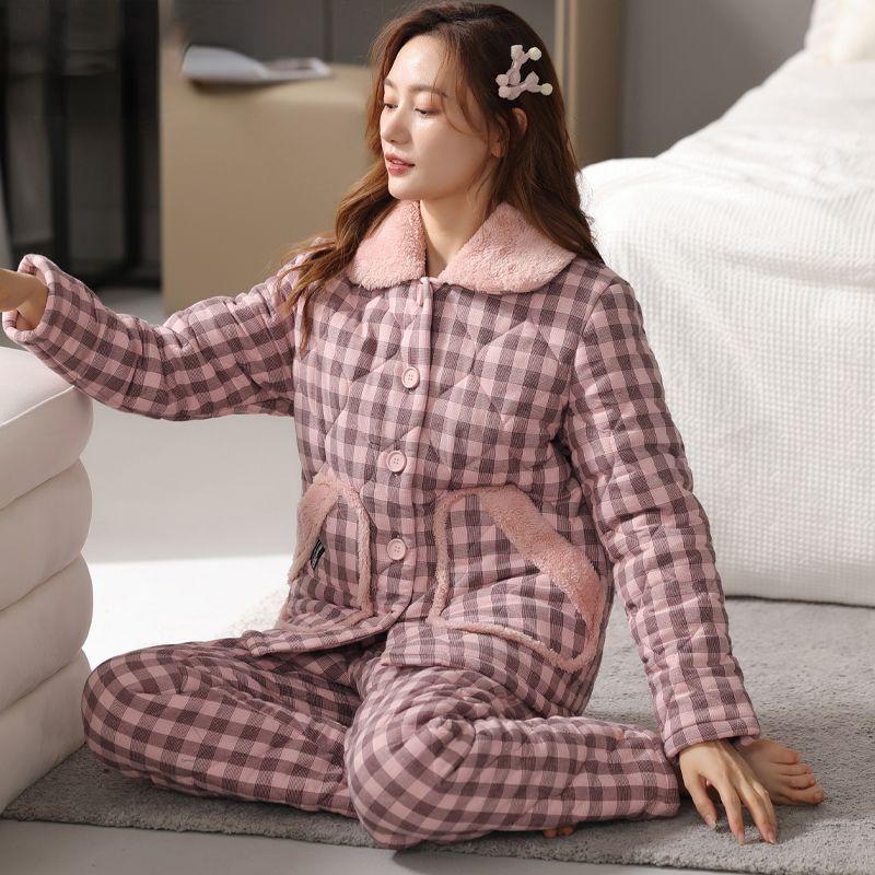 Bunda Pyžamo Dámské Zimní Třívrstvé Teplé Plyšové Zahuštěné Domácí Oblečení Neformální Středního Věku Mladé Pyžamo Set