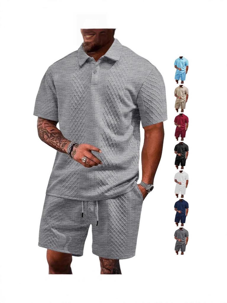 Men's Summer Jacquard Button-Down Polo Shirt & Shorts Set - Casual Sportswear Collection