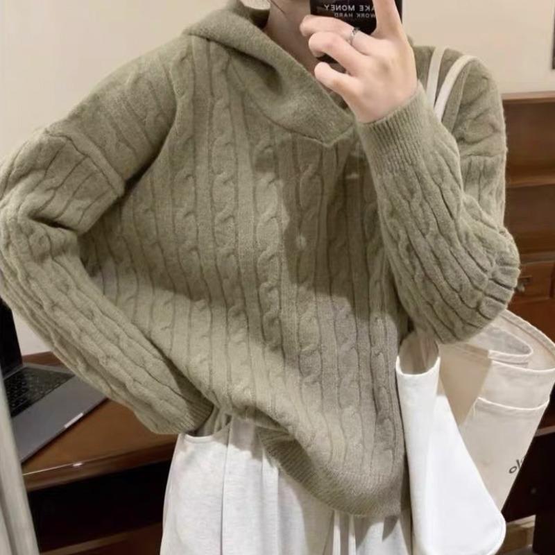 

Корейская мода женский свитер с капюшоном и переплетением, осень-зима, ретро, длинный рукав, утолщенный трикотажный свитер, свободная повседневная одежда 2121 One size светло-зеленый