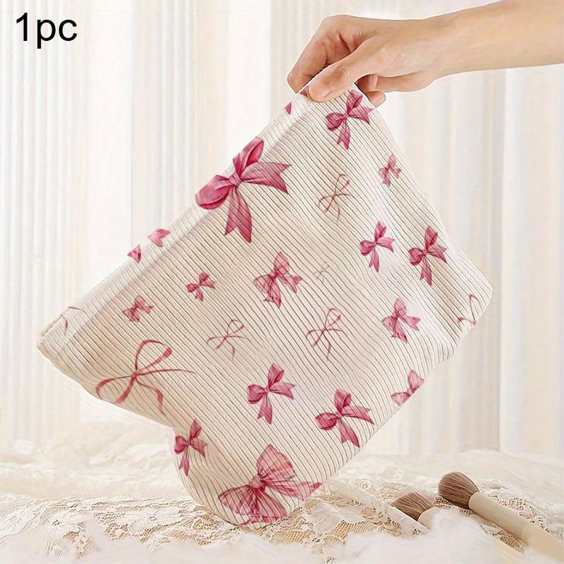 

1pc Large Capacity Corduroy Cosmetic Bag Women Toiletries Organizer Bow Printed Zipper Makeup Bag Clutch Travel Cosmetic Storage