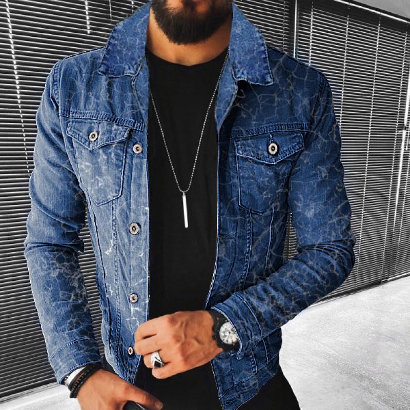 Mens Distressed Print Denim Jacket Winter Streetwear Casual Outerwear Slim Fit Blue Black Grey