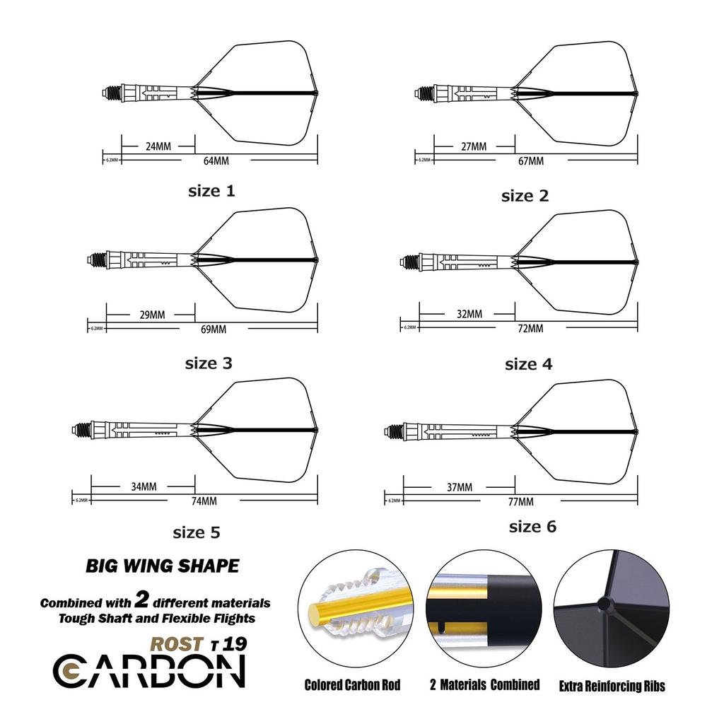 CUESOUL ROST AK57 T19 Carbon Fiber Rod with Integrated Big Wing Set of 3 Flights, Shape, (CS-AK572-5)