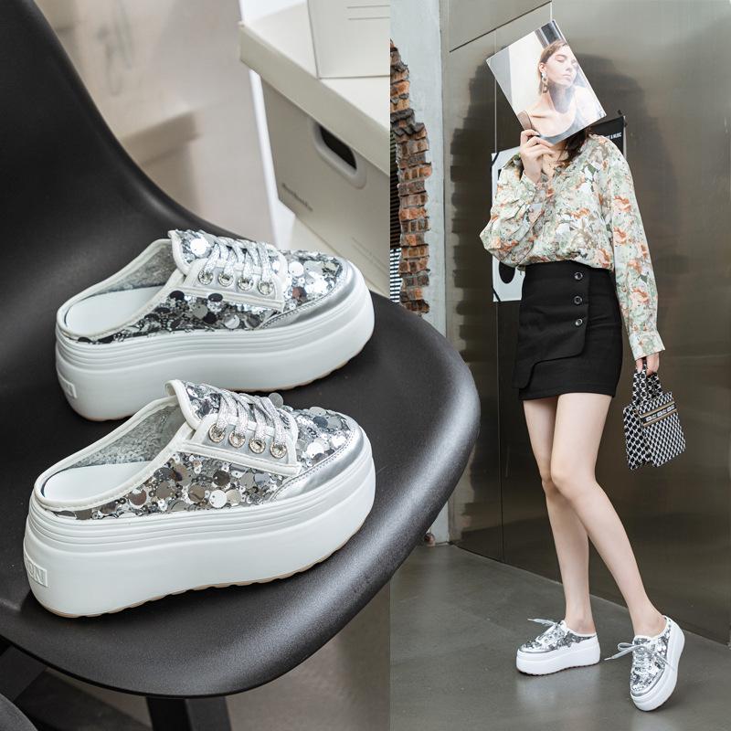 Baotou Half Slippers Women's 2025 New Summer Thick-soled Sequins Mesh Without Heel Outer Wear Slippers To Increase Height and Show Thinness Women's S
