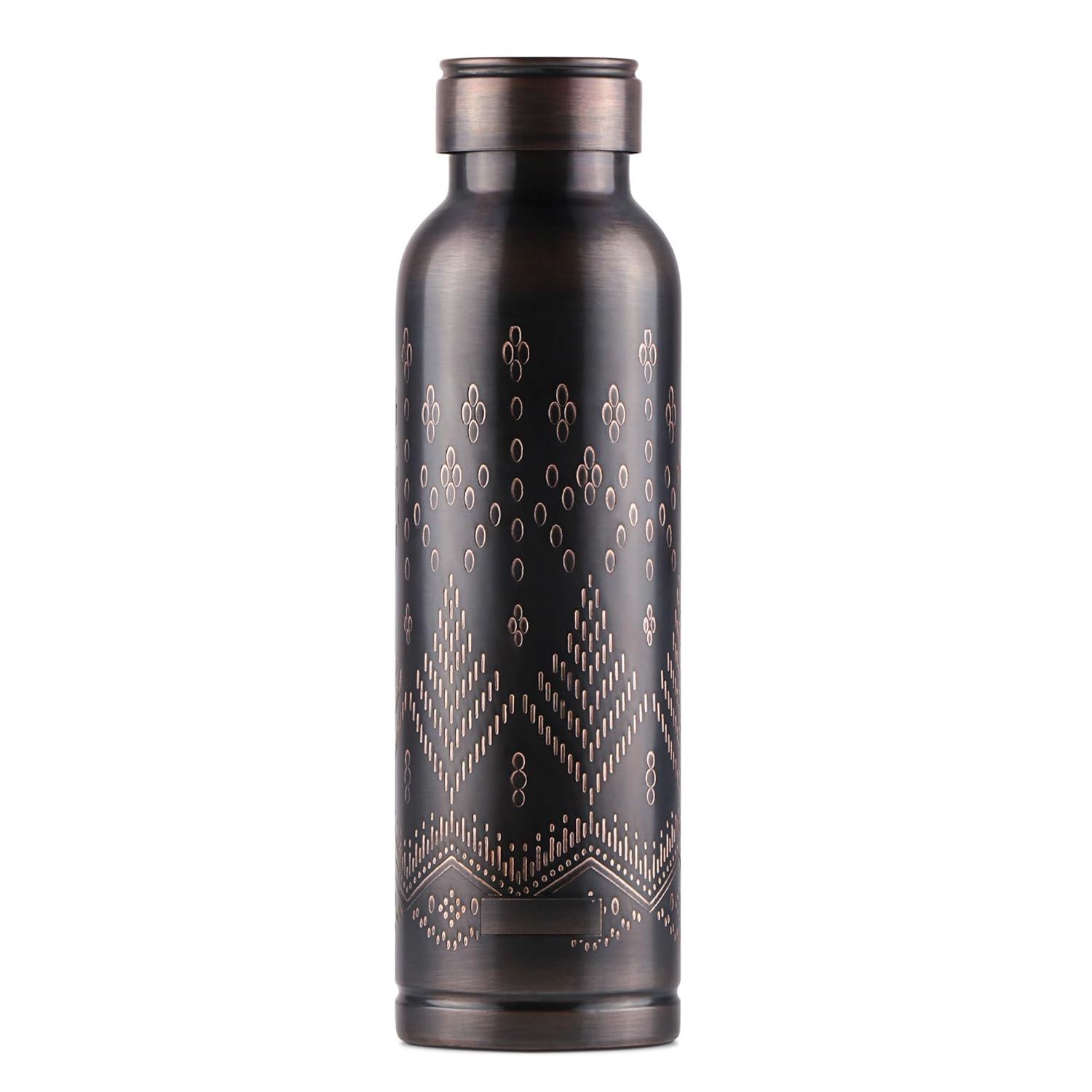 

Copper Swasth Water Bottle, 940 ml, Black Ethnic | Lacquer Coating, Curved bottle | Diwali | Festive | Gifting | Yoga | Home | Kitchen | Vedic