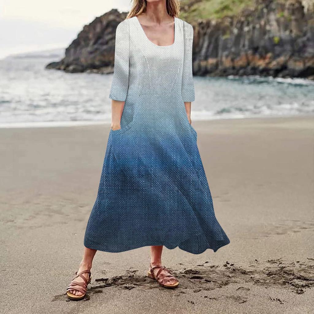 Lässiges, modisches, bequemes, bedrucktes Damenkleid mit 3/4-Ärmeln und Taschen