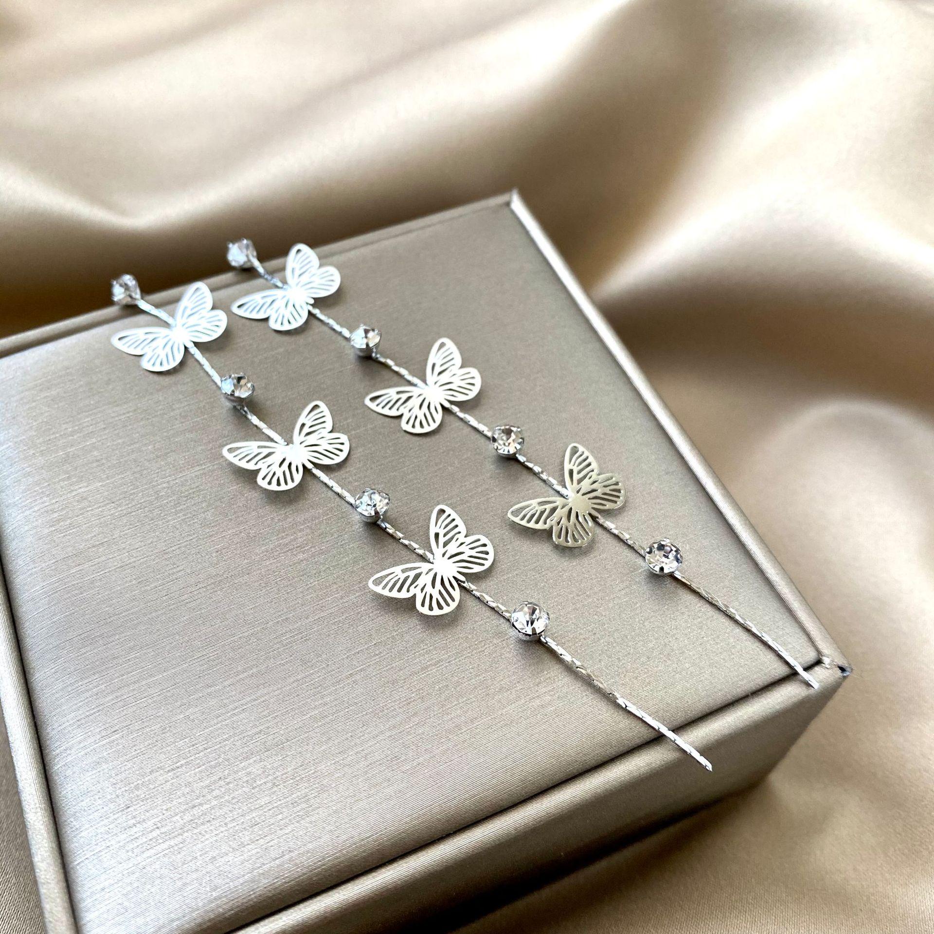 

Hollow Butterfly Tassel Earrings - 925 Silver, Korean Style