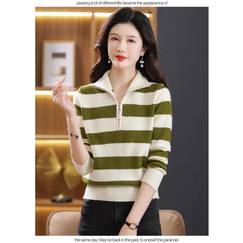 Women's Half-open Zipper-lapel Sweaters, Autumn-winter Striped Turtleneck Tops, Loose and Skinny Knits