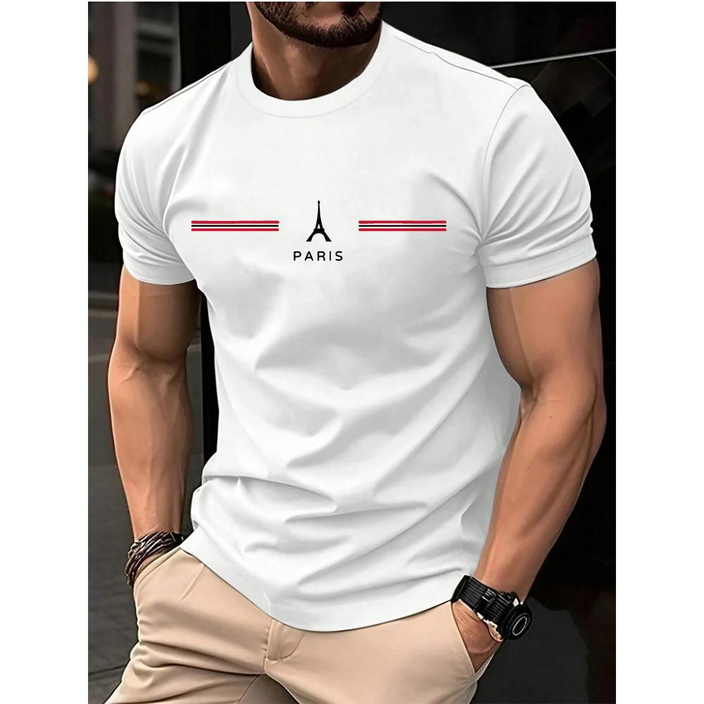 Men's Summer Loose Plus Casual Parisian Letter Printed Sports Round Neck Short Sleeved T-shirt Top