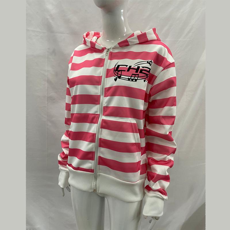 Sudadera con capucha de personalidad callejera europea y americana con estampado retro a bloques de color a rayas y cremallera de manga larga