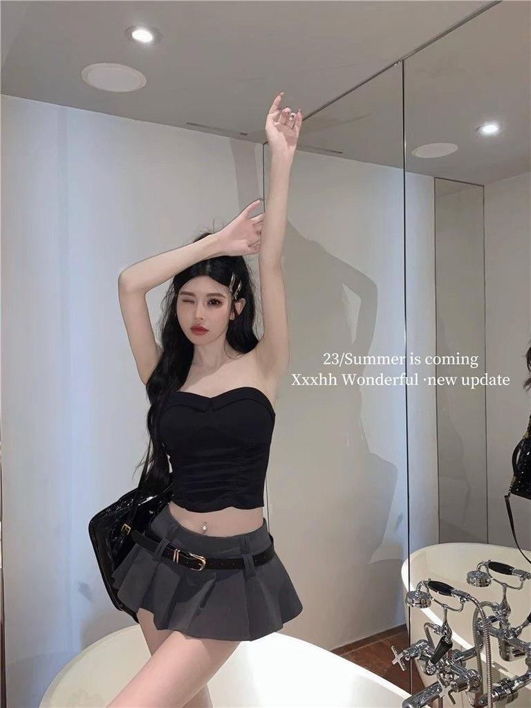Gray Low Waist A-Line Pleated Midi Skirt for Women, Korean Style 2025 Summer Fashion, Versatile and Slimming Mini Skirt.