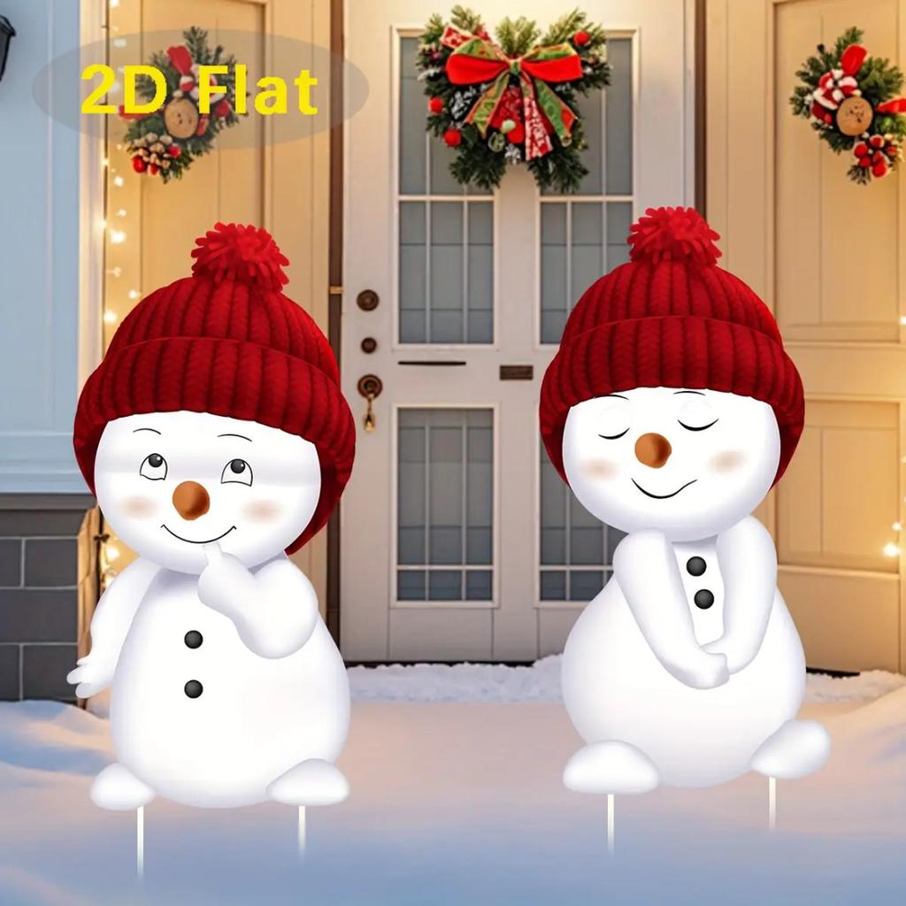 2D Flat 2Pcs Acrylic Christmas Snowman Yard Sign With Stakes, Large Holiday Lawn Decor For Garden Patio Entrance Outdoor Xmas Courtyard Ornament
