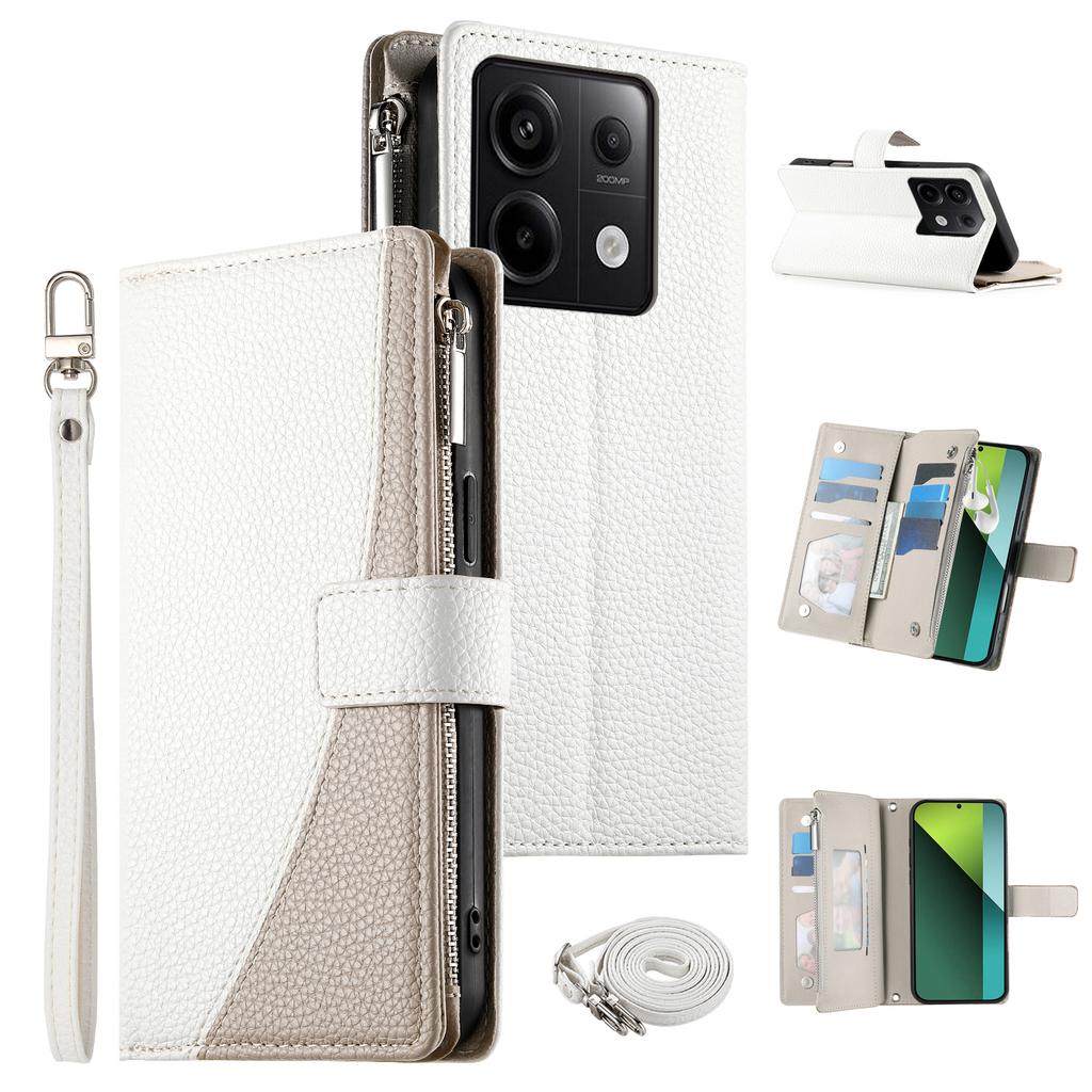 For Xiaomi Redmi Note 13 Pro 5G/Poco X6 5G Case Zipper Wallet Color Splicing Leather Flip Phone Cover with Straps