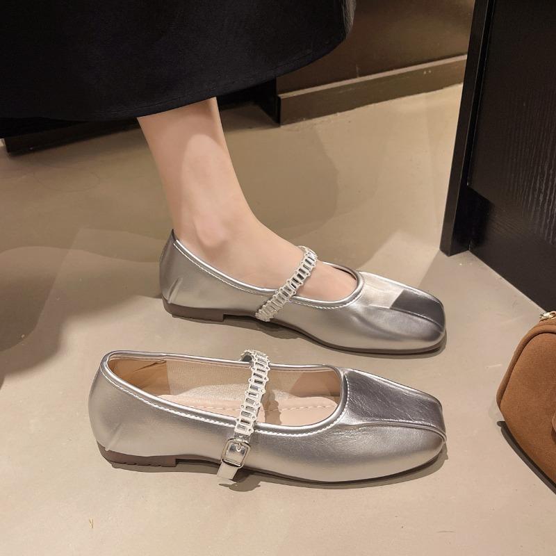 Rhinestone flat Mary Jane shoes women's summer and autumn new square head shallow mouth single shoes women's Doudou shoes