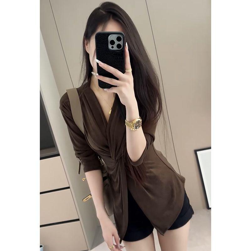 Women s Autumn 2025 Slim Fit V-Neck Twisted Long-Sleeve Top Extra Large