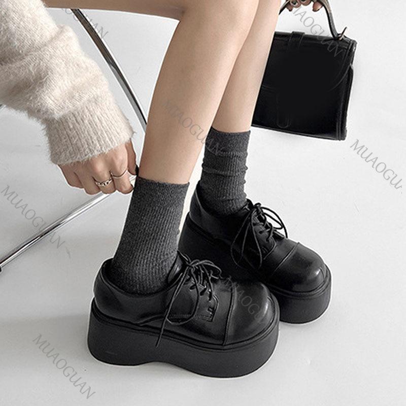 Fashion Retro Lace-Up Thick Bottom Leather Shoes Women's Autumn New Style College Style Black Platform Pumps JK Flat Bottom Loafers